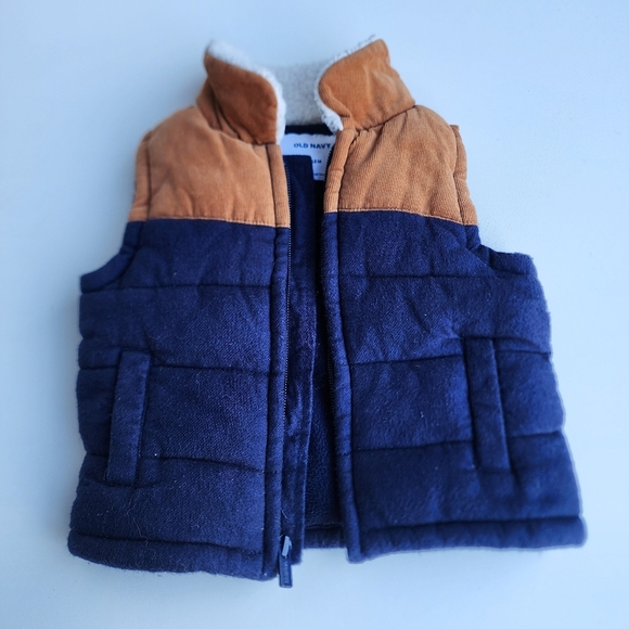 Old Navy Soft Curderoy Puffer Vest Baby Boys Full Zip Blue Brown Sz 6- 12 Mos - Picture 1 of 9